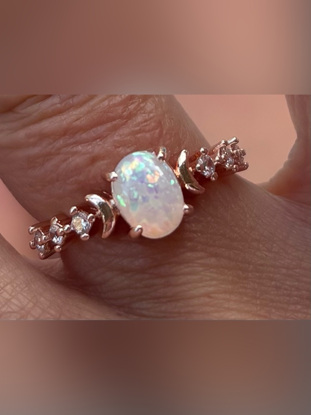 Opal and Moonstone Rose Gold Ring - White Opal Accent